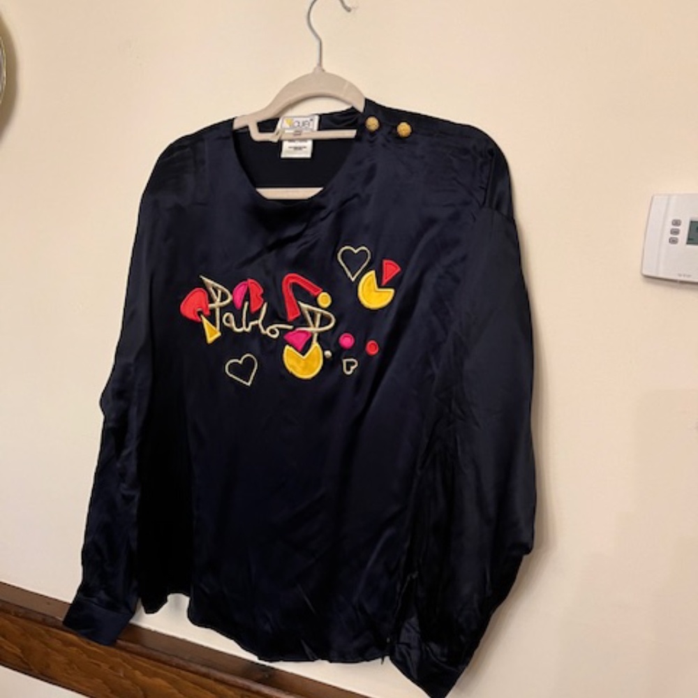 Vintage Laurel by Escada made in Italy navy silk blouse 10 12  with embroidery
